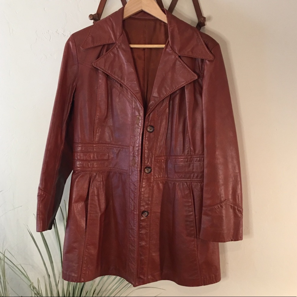Vintage leather jacket winged collar camel brown
